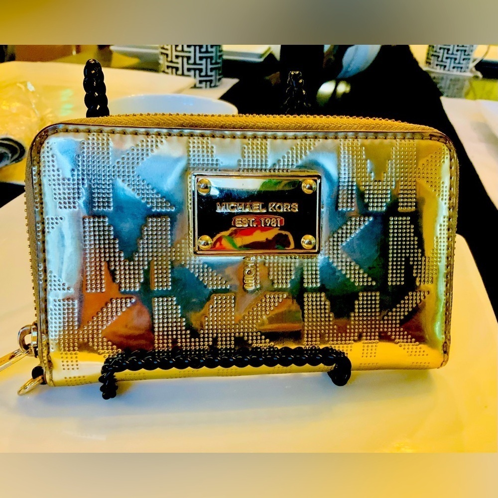 : "Michael Kors Gold-Tone Studded Zip-Around Wallet